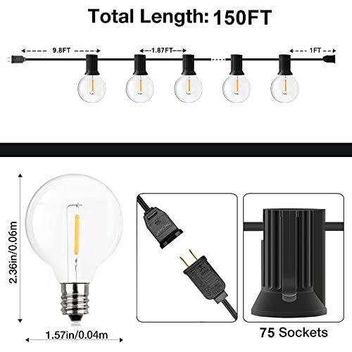 GPATIO 150FT Outdoor String Lights, Waterproof Patio Lights with 77 Dimmable Hanging Light Globe G40 Bulbs, 2700k Shatterproof Connectable for Backyard Gazebo Porch Outside Decor - size: 150FT
