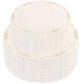 U-QE 100 PCS Ivory Plastic Plates with Gold Rim - Gold Plastic Plates for Party - Heavy Duty Plastic Plates Disposable Use Including 50 Dinner Plates 10 '' & 50 Dessert Plates 7.5 '' - color: Ivory Gold