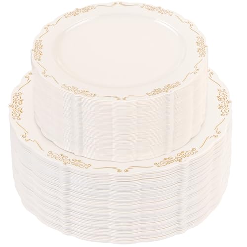 U-QE 100 PCS Ivory Plastic Plates with Gold Rim - Gold Plastic Plates for Party - Heavy Duty Plastic Plates Disposable Use Including 50 Dinner Plates 10 '' & 50 Dessert Plates 7.5 '' - color: Ivory Gold