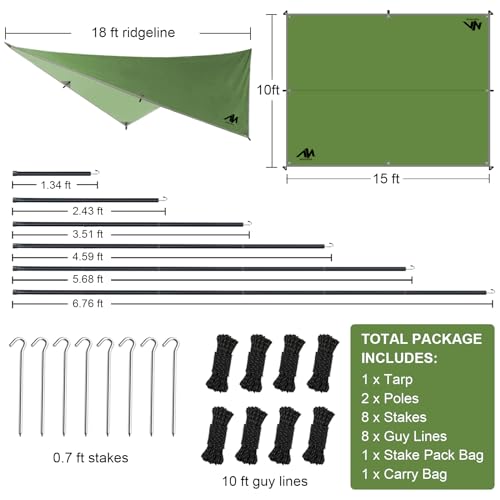 AYAMAYA Camping Tarp with Poles Heavy Duty, 10 x 10 FT Extra Large Waterproof Tarp Tent Awning, Hammock Rain Fly Sun Shelter for Camping, Beach, Picnic, Outdoor Activities