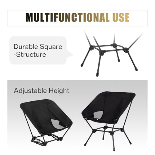 Ultralight Folding Camping Chair, 2-in-1 Height Adjustable, Square Frame for Stability, Quick Setup for Hiking Beach Fishing Motorcycle Travel - color: Black - Low Back