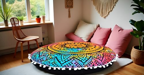 CRAFT KALA Round Mandala Boho Pillow Cover Meditation India Room Seating Poufs Cover for Living Room Yoga Room Home Décor Bedroom Balcony Garden Decoration Cotton Floor Cushion Cover 22", Multi Flower - color: Multi Flower, size: 22"