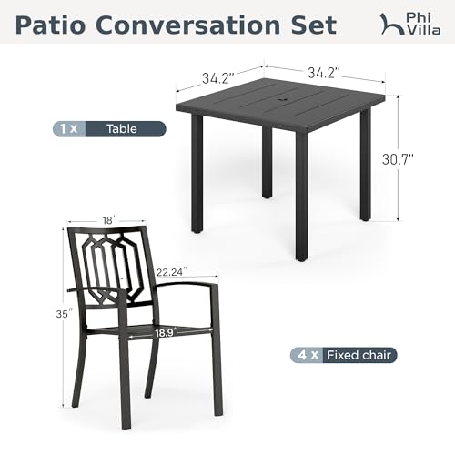PHI VILLA 5 Piece Metal Outdoor Table and Chairs, 34.2" Metal Square Table with Umbrella Hole & Stackable Wrought Iron Chairs, All Weather Large Furniture Set for Patio, Deck, Backyard, Porch - Black - color: Hexagon Back Chair, size: 5pcs-34.2" Square Ta