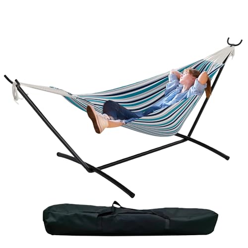 GarveeHome Double Hammock with Stand - Heavy Duty 450lbs Capacity, Portable Cotton Hammock for Two Adults, Indoor & Outdoor Use with Travel Bag, Ocean Stripe Pattern - color: Ocean