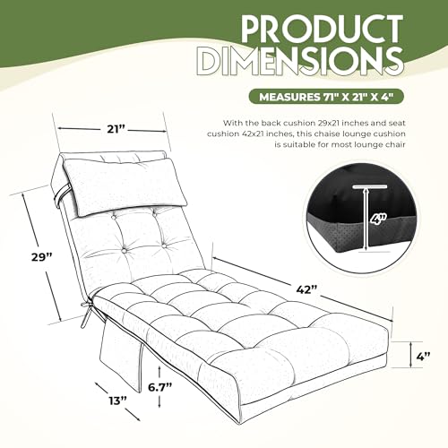 Outdoor Chaise Lounge Chair Cushion, Waterproof Outdoor Chair Cushions for Patio Furniture, 71 x 21 x 4 Inches Replacement Chaise Lounge Cushion with Ties (Black) - color: Black