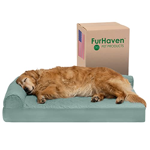 Furhaven Cooling Gel Dog Bed for Large Dogs w/ Removable Bolsters & Washable Cover, For Dogs Up to 95 lbs - Pinsonic Quilted Paw L Shaped Chaise - Iceberg Green, Jumbo/XL - color: (Quilted Paw) Iceberg Green, size: Jumbo
