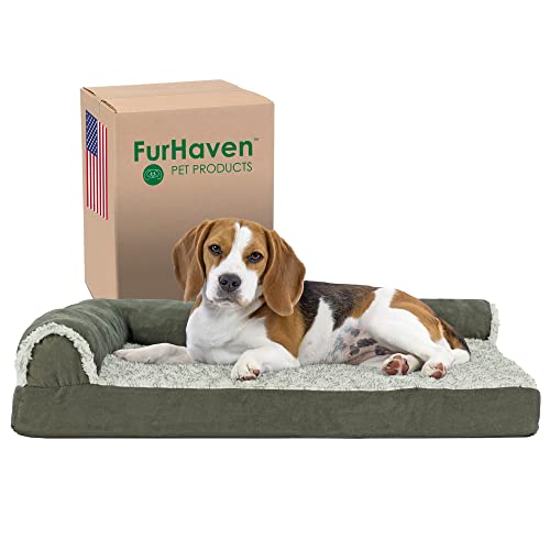 Furhaven Cooling Gel Dog Bed for Medium/Small Dogs w/ Removable Bolsters & Washable Cover, For Dogs Up to 35 lbs - Two-Tone Plush Faux Fur & Suede L Shaped Chaise - Dark Sage, Medium - color: (Two-Tone Faux Fur & Suede) Dark Sage, size: Medium