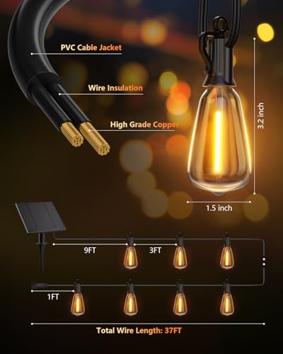 Brightown 37FT Solar String Lights Outdoor Waterproof with Remote, 10+1 LED Shatterproof Bulbs, Dimmable & Timable, 3 Light Modes - Commercial Grade Patio Lights for Garden Backyard Party Decor - size: 37FT(10 Sockets)
