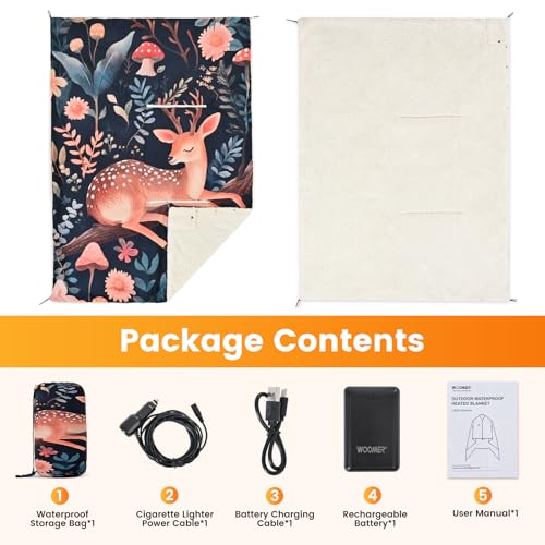 WOOMER Wearable Heated Blanket Battery Operated 50x70 Inches, 15000mAh Cordless Rechargeable Electric Throw Blanket with 3 Heat Settings, Waterproof Portable Heating Blanket for Outdoor Camping Travel