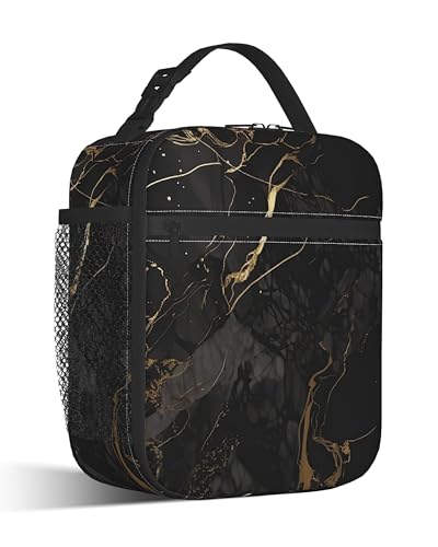 Black Gold Marble Reusable Lunch Bag,Modern Abstract Insulated Lunch Box with Side Pockets for Girls Boys Women Portable Thermal Cooler Bag for Teens School,Work,Picnic,Beach - color: Black Gold Marble
