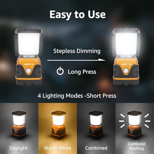 Lepro 1000LM Battery Powered LED Camping Lantern, Orange Tent Light with 4 Light Modes, Camping Essentials, Waterproof Lantern Flashlight for Camping, Emergency Light, Power Outage, Not Rechargeable - color: Orange-1000lm-1Pack