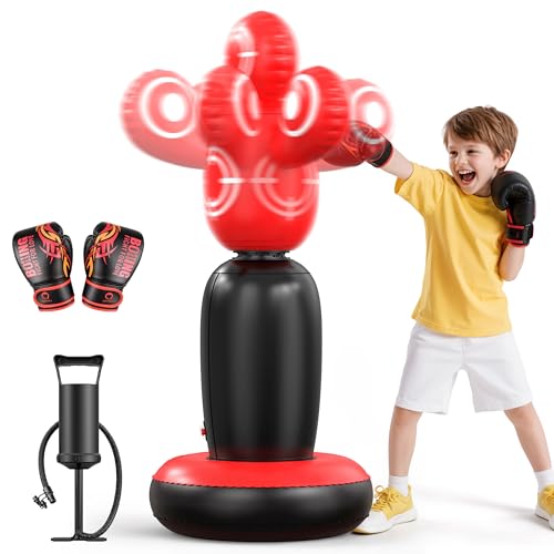 QPAU 360° Rotatable Kids Punching Bag - 64" Boxing Bag with 4 Targets & Kids Boxing Gloves, Inflatable Punching Bags with Hand Pump, Karate Taekwondo Training Christmas Birthday Gift Boys Girls