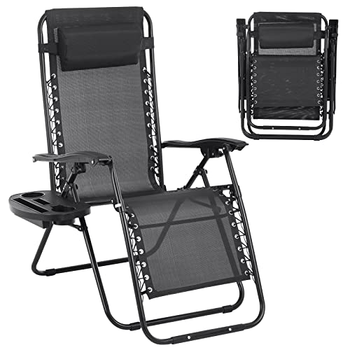 Zero Gravity Chair Folding Lounge Chair Lawn Chair Adjustable Camping Reclining Chair with Pillow and Cup Holder Trays, Folding Chair Outdoor Chair - Breatheable & Tear-Resistant Mesh, Black - size: 1 piece