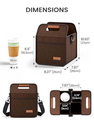 Fluxynara 4-Cup Reusable Felt Drink Carrier with Handle and Adjustable Shoulder Strap, Drink Holder for Car, Multi-Cup Drink Carrier Bag for Delivery, Travel, Picnics (Coffee Brown) - color: Coffee Brown, size: 4 Cups