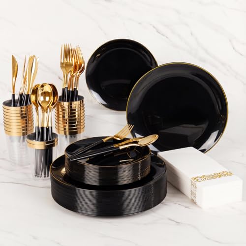 Supernal 350pcs Black Plastic Dinnerware Set - Black and Gold Plastic Plates, Gold Silverware Set, Wedding Party Plate, Cups for Birthday, Party, Wedding,Valentine's Day, Mother's Day and Easter - color: 350pcs Black and Gold Plastic Dinnerware Set