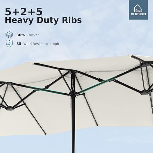 MFSTUDIO 15ft Double Sided Patio Umbrella with Solar Lights, Outdoor Large Umbrellas with Crank Handle and 36 LED Lights, Rectangular Market Umbrella with Base Included for Deck Pool Shade, Ivory - color: Ivory