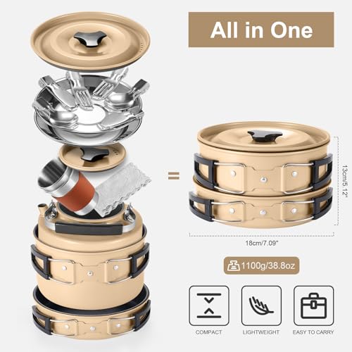 Odoland 15pcs Camping Cookware Mess Kit, Non-Stick Lightweight Pot Pan Kettle Set with Stainless Steel Cups Plates Forks Knives Spoons for Camping, Backpacking, Outdoor Cooking and Picnic - style: Khaki
