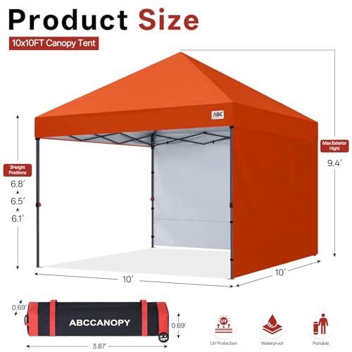 ABCCANOPY Easy Pop up Canopy Tent with 2 Sidewalls for Outdoor Sun Blocking or Rain Protection,10x10, Orange - color: Orange, size: 10x10