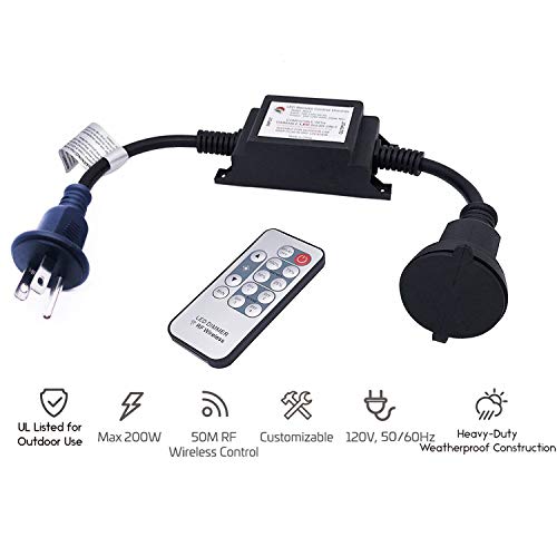SUNYE Max Power 200W Waterproof Outdoor String Lights Wireless Remote Control, 150Feet Range, Memory, Stepless Dimming, IP68 Waterproof. UL 3 Prong Remote Control Dimmer