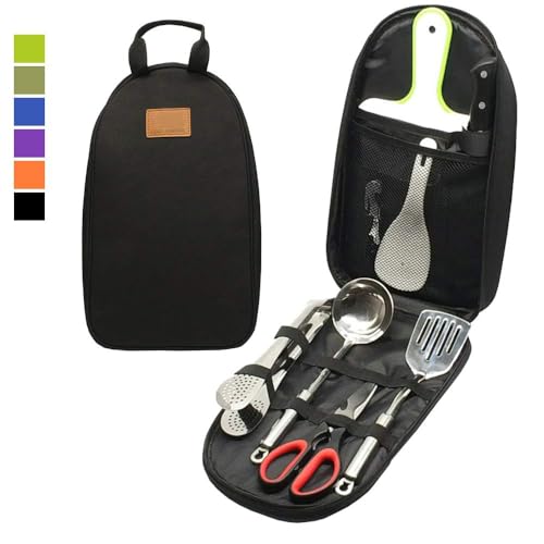 Camp Kitchen Utensil Organizer Travel Set Portable BBQ Camping Cookware Stainless Steel Utensils Travel Kit Outdoor Equipment Cutting Board Tongs Scissors Knife Ladle Spatula - color: Black