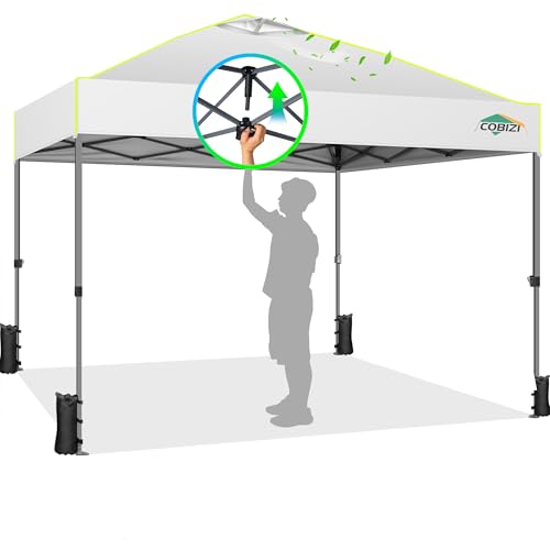 COBIZI 10x10 Pop Up Canopy Tent 1-Button Push Easy up Outdoor Canopy Instant Portable Commercial Shelter Waterproof UPF50+ Gazebo with Reflective Strip, Air Vent & 4 Sandbags,White - color: White(1-year warranty), size: 10x10ft with No Sidewalls