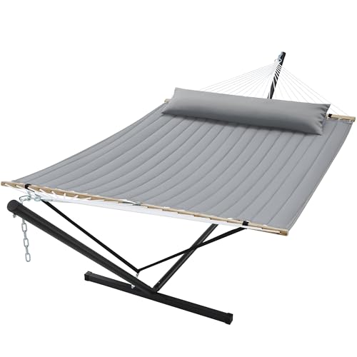 SUPERJARE Hammock with Stand, 2 Person Quilted Outdoor Hammock, Detachable Pillow & Bamboo Spreaders, Portable Hammock with Carrying Bag, Heavy Duty Stand, Perfect for Outside, Patio, Gray - color: Grey, size: 62.9"w × 78.7''d × 43.3''h