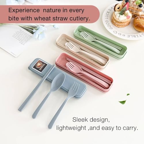 Wheat Straw Cutlery Set – Reusable Travel Utensils with Case – Portable Fork, Spoon & Chopsticks – Eco-Friendly Flatware for Kids & Adults – Lightweight Lunch Box Accessories for Work (green)