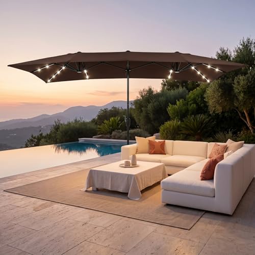 15×15ft Outdoor Patio Umbrella, Double Sided Market Rectangle Umbrella with Crank Handle, Large Sun Shade for Outside Deck, Backyard, Garden - color: Brown with LED lights