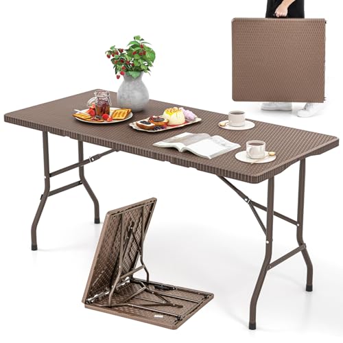 Tangkula 5FT Folding Table, Indoor Outdoor Foldable Plastic Table with Rattan Textured HDPE Tabletop, Sturdy Metal Fame, Carrying Handle, 4-6 Person Picnic Table for Camping BBQ Party - color: Coffee, size: 60 in, style: Classic