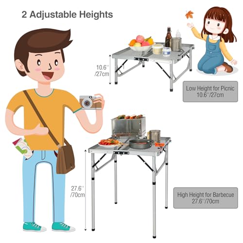 REDCAMP 24" Square Folding Grill Table for Outside, Lightweight Portable Metal Aluminum Outdoor Grill Table with Adjustable Height Legs, Great for Camping Picnic Cooking BBQ, Silver 2ft - color: Silver, size: Square-2ft