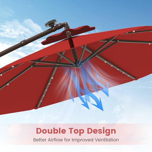 Tangkula 10FT Offset Patio Umbrella with Base Included, Outdoor Cantilever Umbrella with 40 Solar LED Lights, Tilt Adjustment, Crank Handle, Vented Top, Sand Bags for Pool Yard Deck (Burgundy) - color: Burgundy
