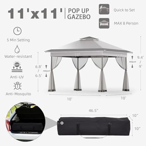 Bezseller 11x11 Pop Up Gazebo with Mosquito Netting, Easy 1-Person Setup Outdoor Canopy, Water-Resistant Portable Shelter for Patio, Backyard & Garden, UV Protection, Light Grey - color: Light Grey, size: 11"x11"