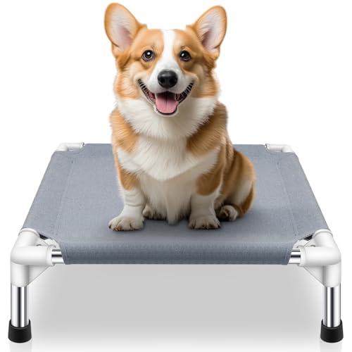 Elevated Dog Bed for Small Dogs, Outdoor Cooling Dog Bed Cot for Small Pets, Indoor Detachable Raised Dog Bed with Non-Slip Feet, Double Layer Polyester Cotton (20" L x 20" W x 6.5" Th) - color: Grey-S