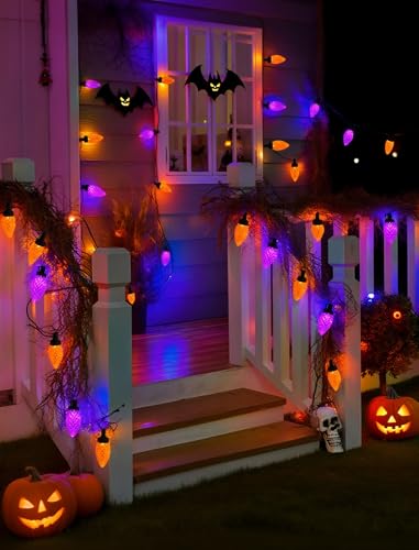 Halloween C9 String Lights Outdoor, 26.4Ft C9 Halloween Decorations Lights with 50 LED Orange and Purple Lights Waterproof, Hanging Plug in Lights String for Outside Holiday Party Patio Yard Decor - color: Strawberry Orange Purple