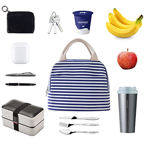 EurCross Blue and White Stripes Lunch Bag Women,Cooler Tote Bag Insulated Lunch Bento Box Bag, Canvas Portable Tote Thermal Bag for Adult Women and Men for Work - color: Blue Stripes