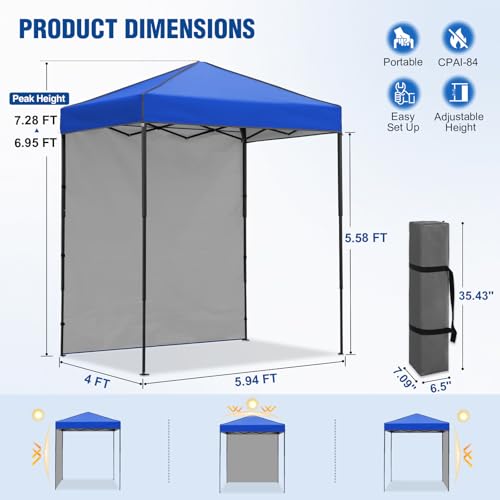 6x4 Pop Up Canopy Tent with One Wall Panel, Instant Portable Beach Canopy, Outdoor Tent with Carry Bag for Camping, Sports, Tailgating, Events, Blue - color: Blue, size: With One Wall
