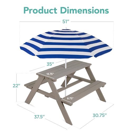 Best Choice Products Wooden Kids Picnic Table with Umbrella, Outdoor Activity Table Set with Built-in Benches, 220 lb Capacity per Bench - Gray/Navy - color: Gray/Navy