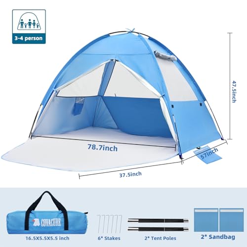 COVACURE 2026 New Upgraded Beach Tent Sun Shelter for 3-4 Person - UPF 50+ UV Protection Beach Shade, Waterproof & Lightweight, Easy Setup Portable Sun Canopy for Camping, Fishing, Beach(Blue) - color: Blue