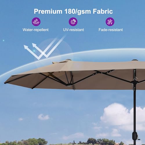 PURPLE LEAF 14ft Patio Market Umbrella with Base Double-Sided Rectangle Outdoor Table Sun Umbrellas with Crank 12 Heavy Duty Sturdy Ribs for Pool Beach Deck Backyard Taupe - color: Taupe, size: 14' X 8'