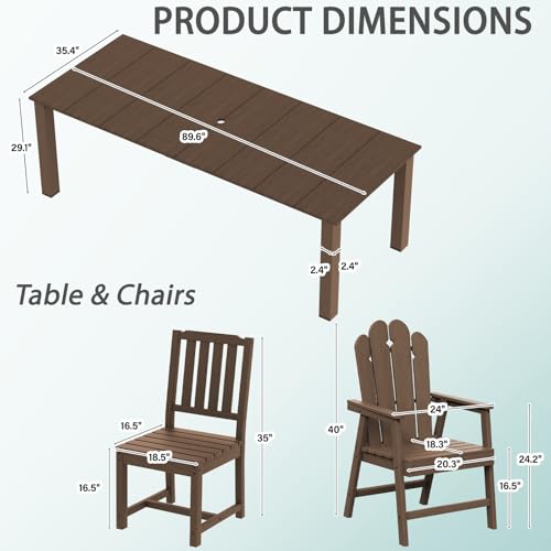 11-Piece Patio Dining Set, Outdoor Dining Set for 10, HDPE All-Weather Outdoor Furniture with 89.57” Umbrella Hole Table, 2 Armchairs & 8 Armless Chairs, Brown - color: Brown, size: 2 Armchairs & 8 Armless Chairs