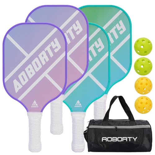 AOBORTY Pickleball Paddles 4 Pack - USAPA Light Graphite Premium Rackets Fiber Face & Polymer Honeycomb Core Pickleball Set with 4 Outdoor Indoor Balls Including Portable Carry Bag - color: Purple and green