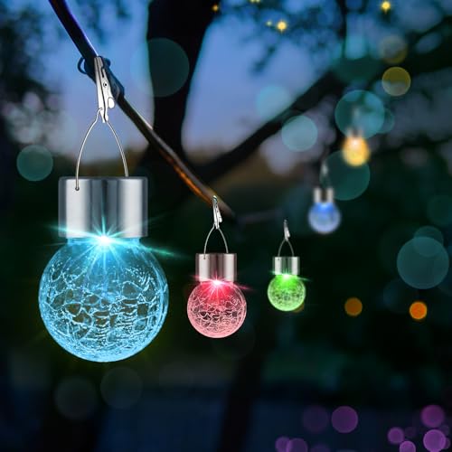 12 Pack Hanging Solar Lights Outdoor Decorative, Waterproof Solar Globe Lantern with Handle and Clip, Solar Powered Cracked Glass Ball Lights for Garden Yard Patio, Fence Tree Umbrella, Holiday Decor - color: Color Changing, size: 12