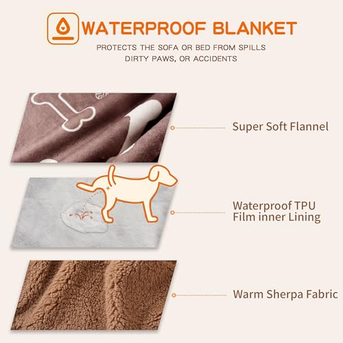 Waterproof Dog Blankets Pet Blanket 60"x80", Soft Fluffy Sofa Car Bed Protector, Reversible Sherpa Fleece Dog Blanket for Large Dogs (Chocolate Brown-Bones) - color: Chocolate Brown-bones, size: 60"x80"