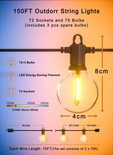 Zuske Outdoor String Lights, 150FT Patio Lights with 75 Shatterproof G40 Globe Bulb(3 Spare), Waterproof Connectable Dimmable LED Hanging String Lights for Outside Backyard Porch Balcony(2x75FT) - size: Electric-150FT
