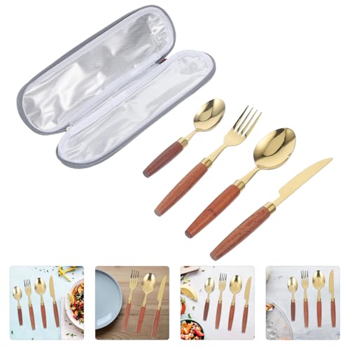 MAGICLULU Vintage Wood Handle Camping Cutlery Set 4pcs Stainless Steel Flatware Kit with Gold-grey Carry Bag for Outdoor Picnic and Hiking