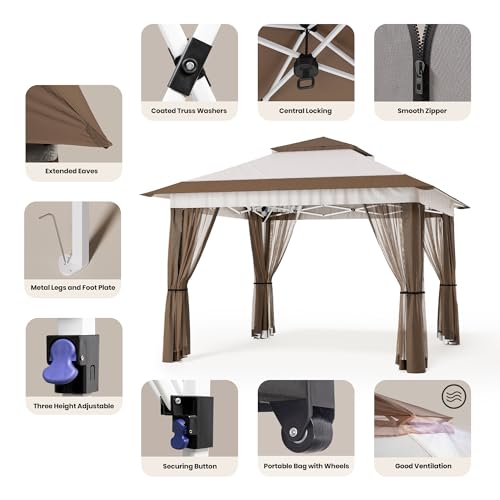 Bealife 11x11 Pop Up Gazebo Tent with Mosquito Netting, Instant Gazebo, Party Tent with Roller Bag, Pop Up Canopy Tent for Parties Patio Lawn Backyard Garden Deck, Beige - color: Beige