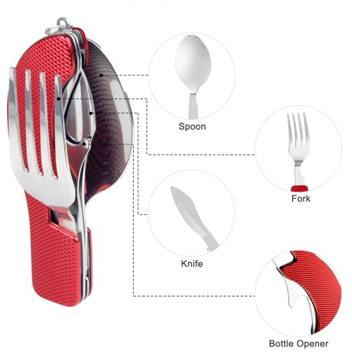 5 Pack Camping Utensils, 4-in-1 Portable Stainless Steel Cutlery with Fork, Spoon, Knife, and Bottle Opener - Lightweight, Detachable, and Durable Camping Silverware for Outdoor Events and Adventures - color: 5 Sets - Red, Yellow,Blue, Green, Black
