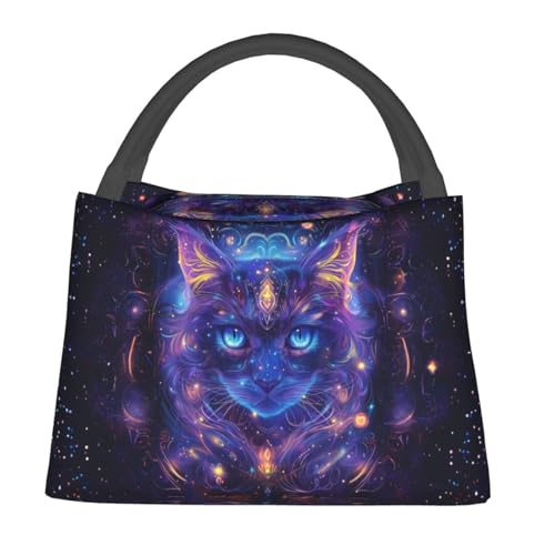 Fantasy Galaxy Cat Reusable Lunch Box,Mystical Cosmic Kitten Lunchbox for Kids Women Pet Lovers,Insulated Lunchbag,11in*6.3in*6.7in,Gifts Makeup Bag,Portable Handbag for Picnic Work Travel - color: Cat