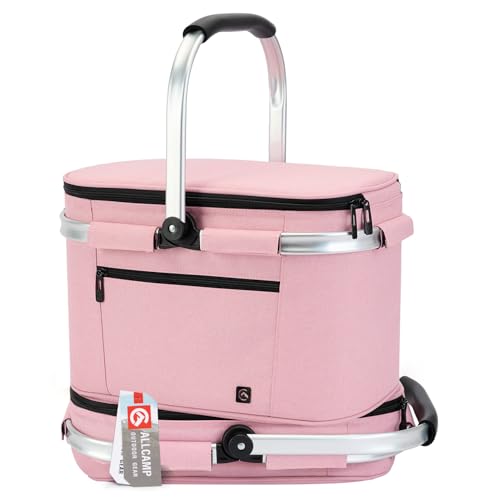 ALLCAMP Picnic Basket - Insulated Cooler, Thickening Foldable Picnic Basket with Removable Baskets & Sewn-in Frame, Basket for House Warming Gifts New Home(Pink) - color: Pink, size: Medium