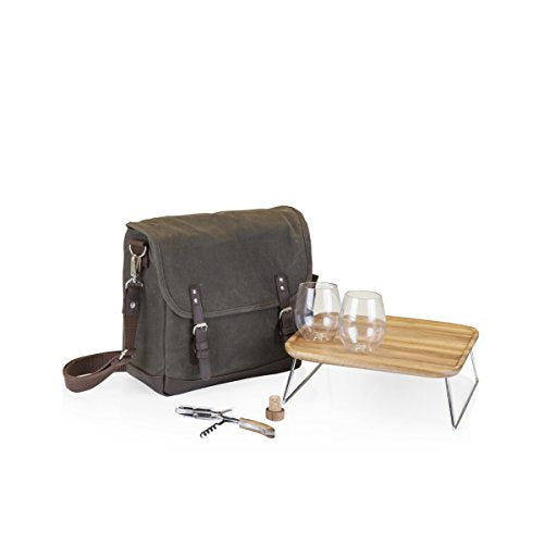 LEGACY - a Picnic Time Brand Adventure Wine Tote Bag with Wine Glasses and Mini Table, Khaki Green/Brown - color: (Khaki Green With Brown Accents)